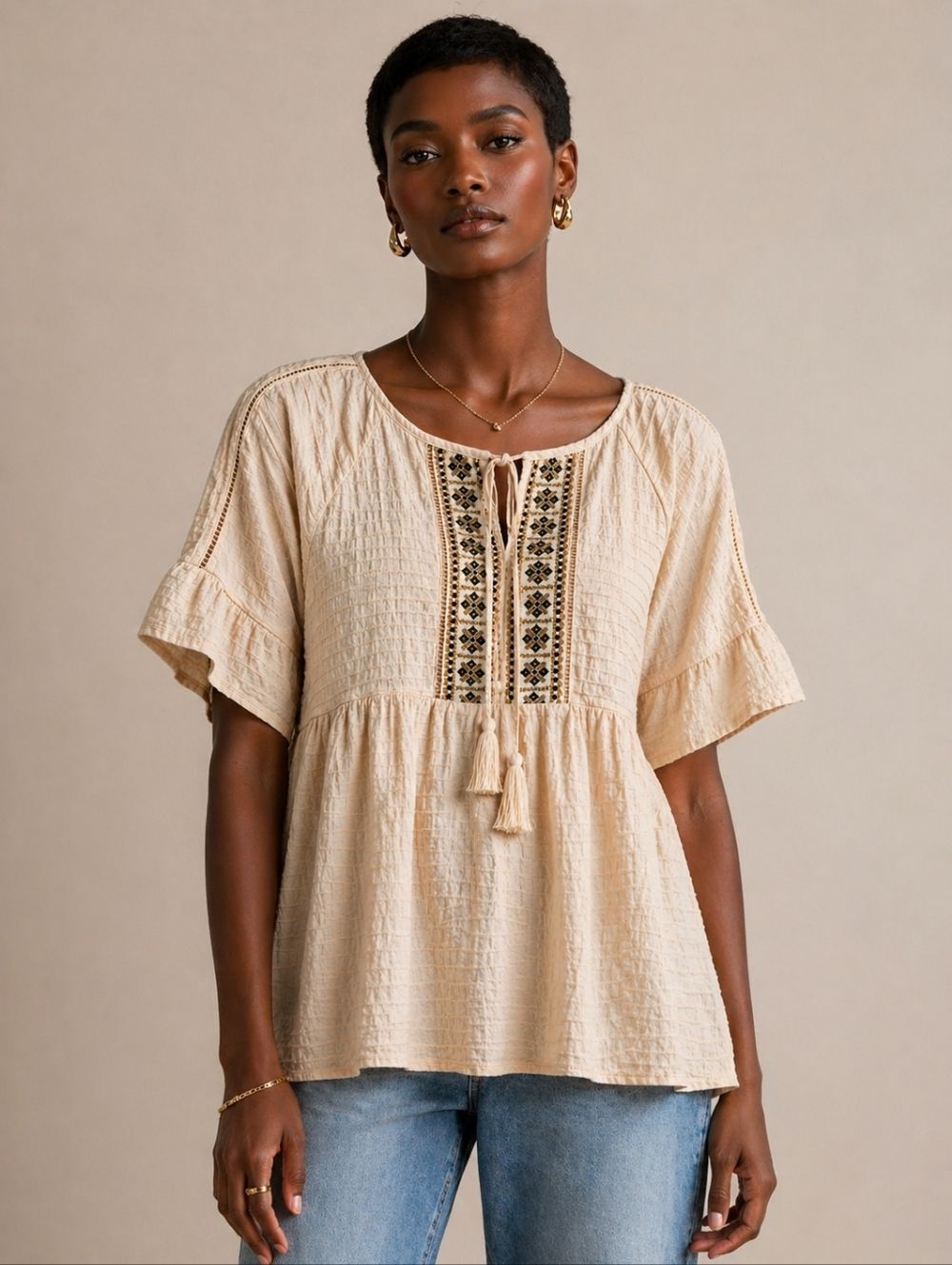 Women's Size Small 100% Cotton Ruffle Sleeve Poplin Boho Blouse Casual Cream